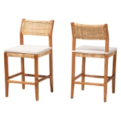 bali & pari Chatura Natural Rattan and Mahogany Wood 2-Piece Counter Stool Set - Handwoven Wicker Stool with Angled Back, Coastal Boho Seating for Kitchen Island, Counter Height
